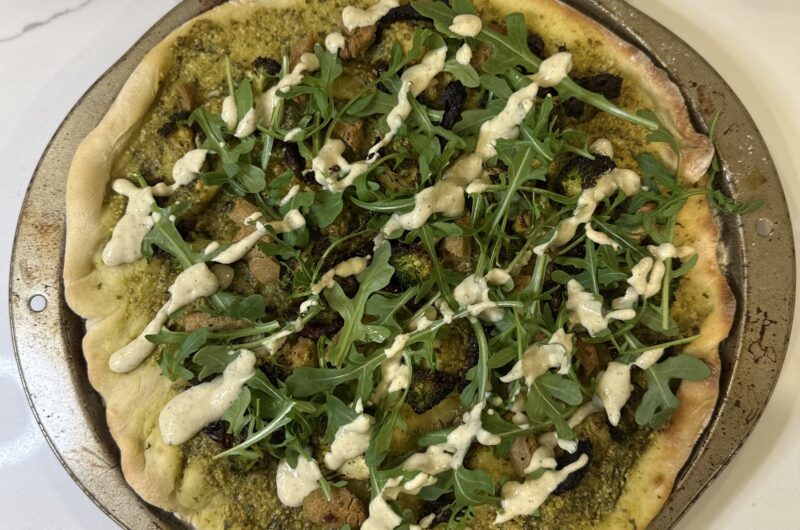 Vegan Pesto Broccoli Pizza with Garlic Sauce