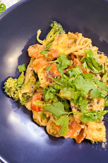 A vibrant vegan spicy peanut noodle bowl featuring broccoli and meat alternatives on a decorative plate.