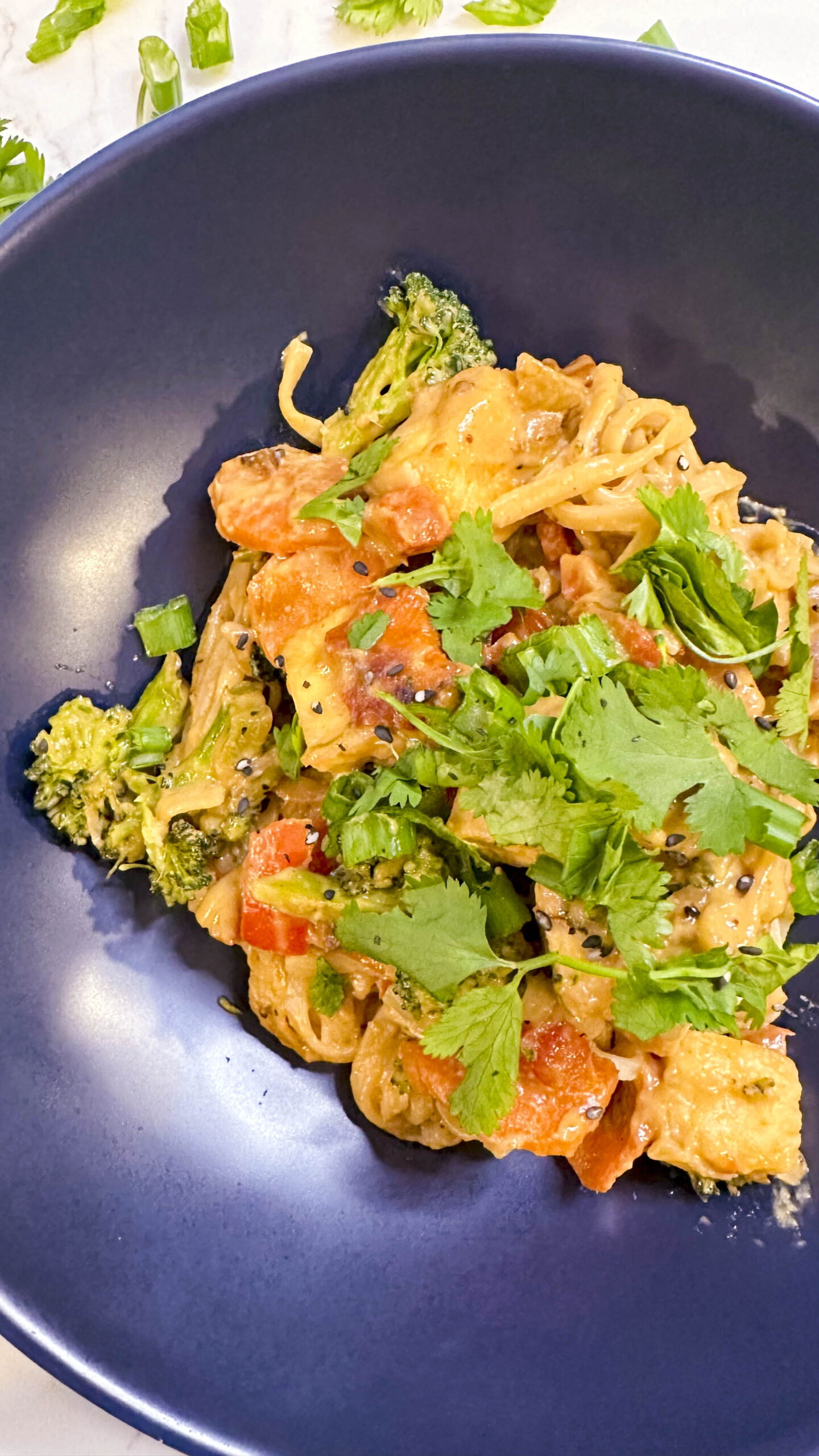 A vibrant vegan spicy peanut noodle bowl featuring broccoli and meat alternatives on a decorative plate.